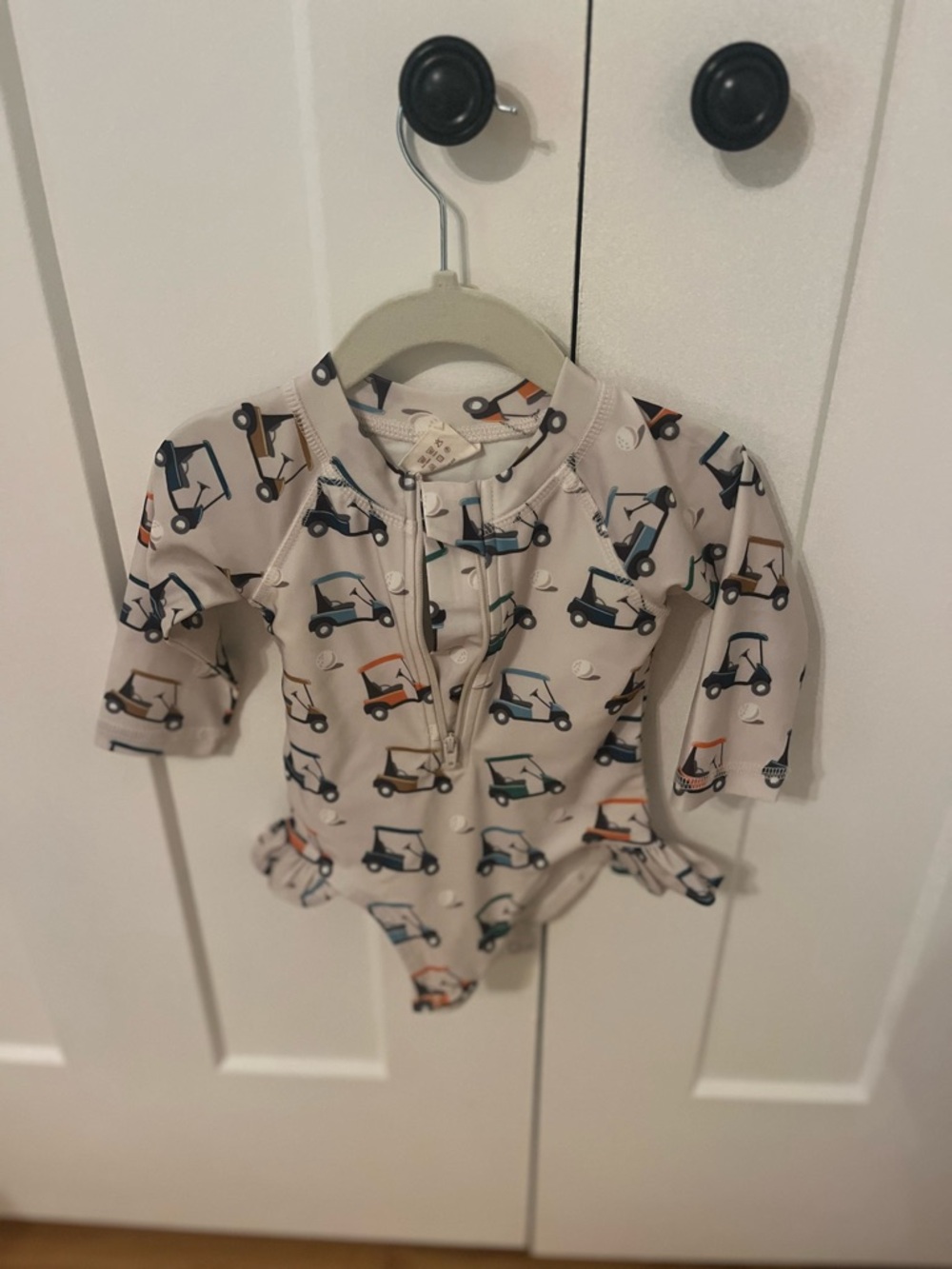 Baby One-Piece Swim Suit with Golf Cart Print - Beige